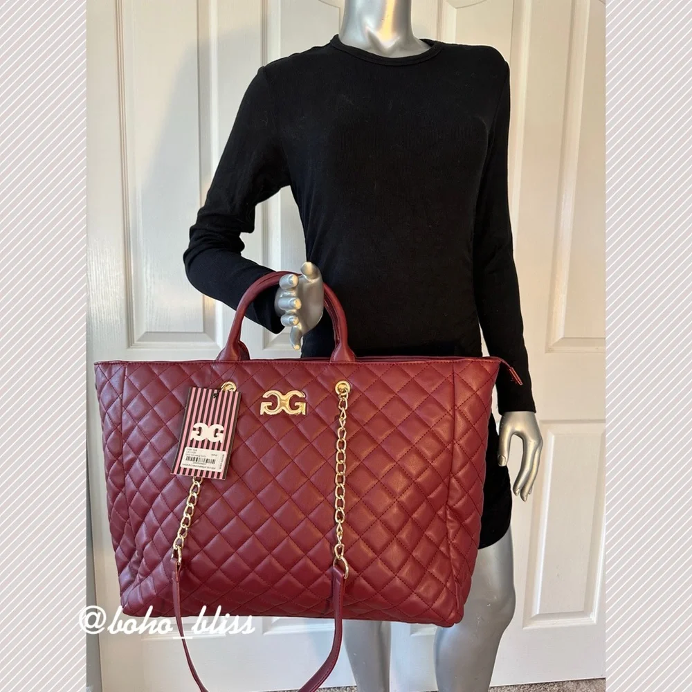 GILDA PARIS | Quilted Tote Large Tote Bag Wine Red with Gold Hardware NWT